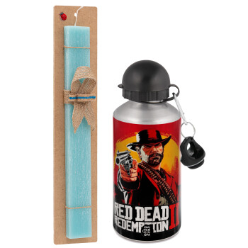Red Dead Redemption 2, Πασχαλινό Σετ, παγούρι μεταλλικό Ασημένιο αλουμινίου (500ml) & πασχαλινή λαμπάδα αρωματική πλακέ (30cm) (ΤΙΡΚΟΥΑΖ)