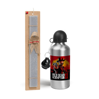 Red Dead Redemption 2, Easter Set, metallic silver aluminum water bottle (500ml) & aromatic flat Easter candle (30cm) (GRAY)