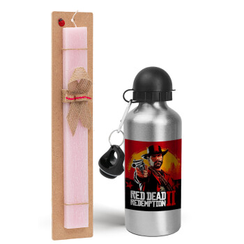 Red Dead Redemption 2, Easter Set, metallic Silver aluminum water bottle (500ml) & scented flat Easter candle (30cm) (PINK)