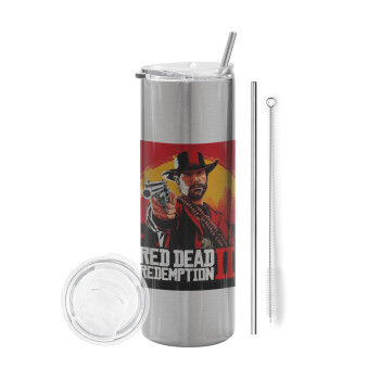 Red Dead Redemption 2, Tumbler ποτήρι θερμό Ασημένιο από ανοξείδωτο ατσάλι 600ml, με μεταλλικό καλαμάκι & βούρτσα καθαρισμού