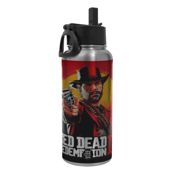 Red Dead Redemption 2, Μεταλλικό παγούρι θερμός Silver με καλαμάκι και χερούλι (Stainless steel), διπλού τοιχώματος, 950ml