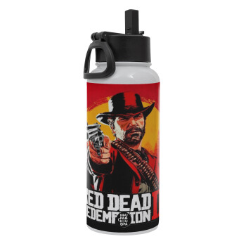 Red Dead Redemption 2, Metal mug thermo White with Straw and Spout Lid (Stainless steel), double wall, 950ml