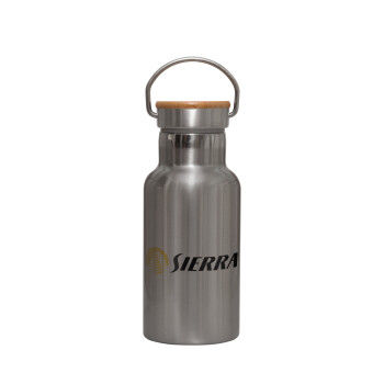 SIERRA, Stainless steel metallic thermos flask, silver with a bamboo lid, double-walled, 350ml.