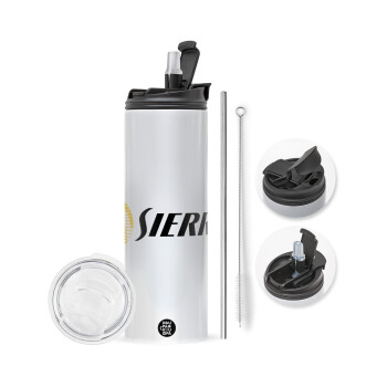 SIERRA, Travel Tumbler θερμό με διπλό καπάκι, μεταλλικό καλαμάκι και βούρτσα καθαρισμού (Ανωξείδωτο 304 Food grade, BPA free, 600ml)