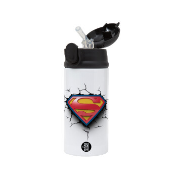 Superman cracked, Children's hot water bottle, stainless steel, with safety straw, Black (360ml) BPA-FREE