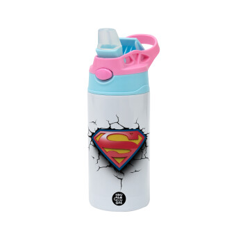 Superman cracked, Children's hot water bottle, stainless steel, with safety straw, Pink/BlueCiel (360ml) BPA FREE