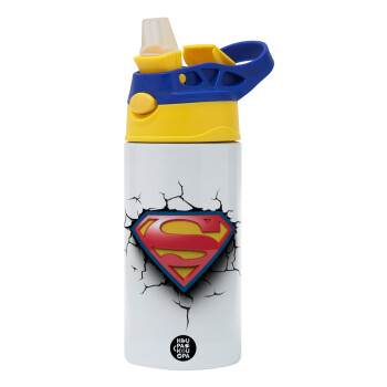 Superman cracked, Children's hot water bottle, stainless steel, with safety straw, green, blue (360ml) BPA FREE