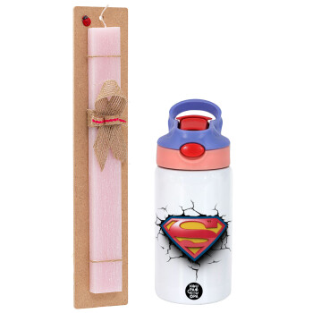 Superman cracked, Πασχαλινό Σετ, Παιδικό παγούρι θερμό, ανοξείδωτο, με καλαμάκι ασφαλείας, ροζ/μωβ (350ml) & πασχαλινή λαμπάδα αρωματική πλακέ (30cm) (ΡΟΖ)