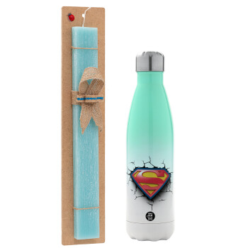 Superman cracked, Easter Set, Metallic green/white thermos (Stainless steel), double-walled, 500ml & scented flat Easter candle (30cm) (TURQUOISE)