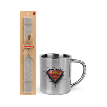 Superman cracked, Easter Set, metallic thermal cup (300ml) & Easter aromatic flat candle (30cm) (GRAY)