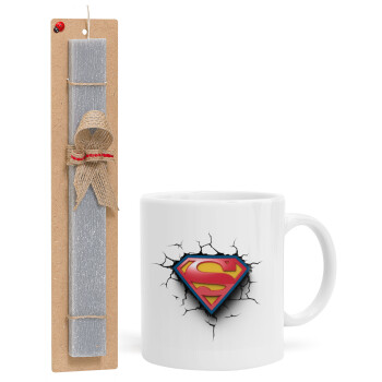 Superman cracked, Πασχαλινό Σετ, Κούπα κεραμική (330ml) & πασχαλινή λαμπάδα αρωματική πλακέ (30cm) (ΓΚΡΙ)