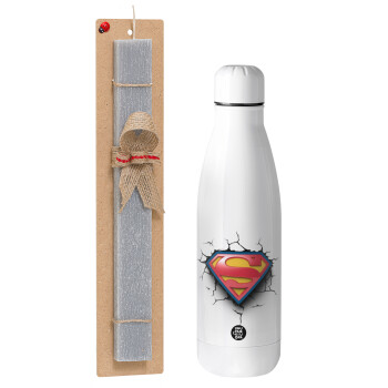 Superman cracked, Πασχαλινό Σετ, μεταλλικό παγούρι θερμός ανοξείδωτο (500ml) & πασχαλινή λαμπάδα αρωματική πλακέ (30cm) (ΓΚΡΙ)