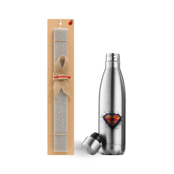 Superman cracked, Easter Set, metallic stainless thermos flask (500ml) & scented flat Easter candle (30cm) (GRAY)