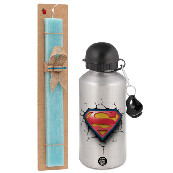 Superman cracked, Easter Set, metallic silver aluminum water bottle (500ml) & scented flat Easter candle (30cm) (TURQUOISE)