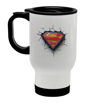 Superman cracked, Stainless steel travel mug with lid, double wall white 450ml