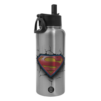 Superman cracked, Metal mug thermo Silver with Straw and Spout Lid (Stainless steel), double wall, 950ml