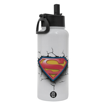 Superman cracked, Metal mug thermo White with Straw and Spout Lid (Stainless steel), double wall, 950ml