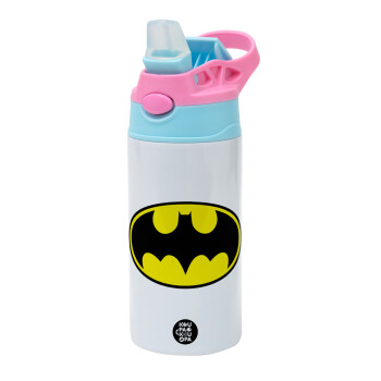 Batman, Children's hot water bottle, stainless steel, with safety straw, Pink/BlueCiel (360ml) BPA FREE