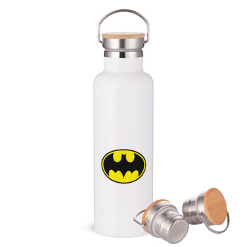 Batman, Μεταλλικό παγούρι θερμός (Stainless steel) Λευκό με ξύλινο καπακι (bamboo), διπλού τοιχώματος, 750ml