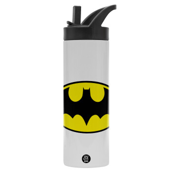Batman, Μεταλλικό παγούρι θερμός με καλαμάκι & χειρολαβή, ανοξείδωτο ατσάλι (Stainless steel 304), διπλού τοιχώματος, 600ml