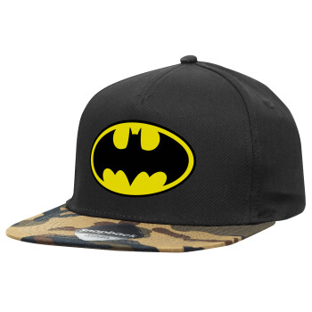 Batman, Adult Flat Snapback Hat Black/Camouflage, (100% COTTON TWILL, ADULT, UNISEX, ONE SIZE)