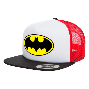 Batman, Adult Foam Flat Snapback with Mesh Black-White-Red (POLYESTER, ADULT, UNISEX, ONE SIZE)