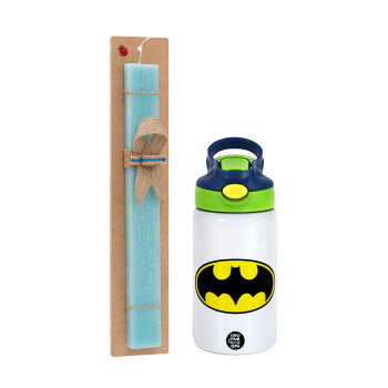 Batman, Easter Set, Children's thermal stainless steel bottle with safety straw, green/blue (350ml) & aromatic flat Easter candle (30cm) (TURQUOISE)