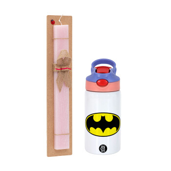 Batman, Easter Set, Children's thermal stainless steel water bottle with safety straw, pink/purple (350ml) & Easter scented flat candle (30cm) (PINK)