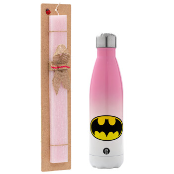 Batman, Easter Set, Metallic pink/white (Stainless steel) thermos, double-walled, 500ml & aromatic flat Easter candle (30cm) (PINK)