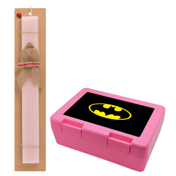 Batman, Easter Set, children's snack container PINK & scented flat Easter candle (30cm) (PINK)