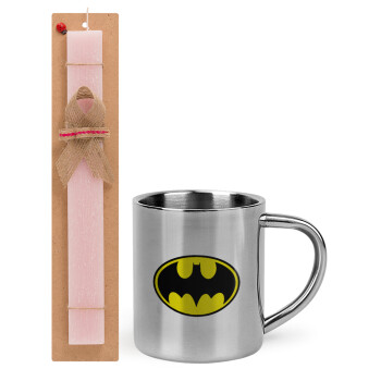 Batman, Easter Set, metallic thermal cup (300ml) & aromatic flat Easter candle (30cm) (PINK)