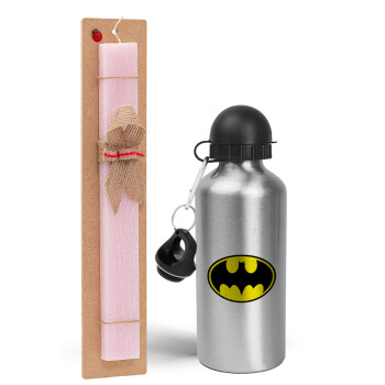 Batman, Easter Set, metallic Silver aluminum water bottle (500ml) & scented flat Easter candle (30cm) (PINK)