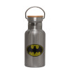 Stainless steel metallic thermos flask, silver with a bamboo lid, double-walled, 350ml.