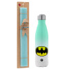 Easter Set, Metallic green/white thermos (Stainless steel), double-walled, 500ml & scented flat Easter candle (30cm) (TURQUOISE)