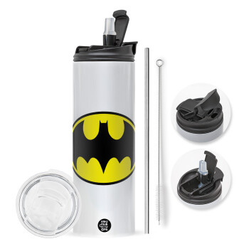 Batman, Travel Tumbler θερμό με διπλό καπάκι, μεταλλικό καλαμάκι και βούρτσα καθαρισμού (Ανωξείδωτο 304 Food grade, BPA free, 600ml)