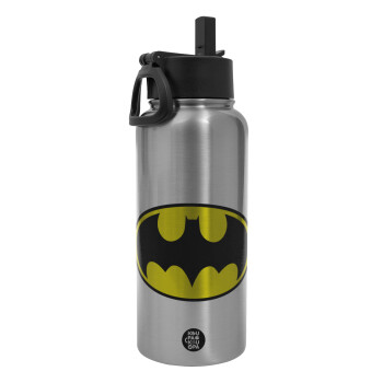 Batman, Metal mug thermo Silver with Straw and Spout Lid (Stainless steel), double wall, 950ml