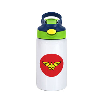 Wonder woman, Children's hot water bottle, stainless steel, with safety straw, green, blue (350ml)