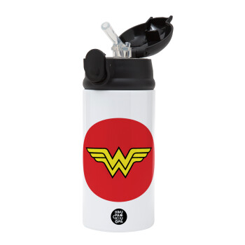 Wonder woman, Children's hot water bottle, stainless steel, with safety straw, Black (360ml) BPA-FREE