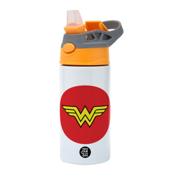 Wonder woman, Children's hot water bottle, stainless steel, with safety straw, Orange/Grey (360ml) BPA-FREE