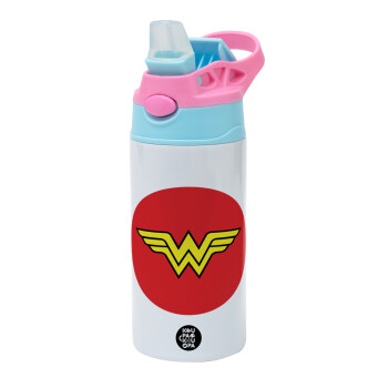 Wonder woman, Children's hot water bottle, stainless steel, with safety straw, Pink/BlueCiel (360ml) BPA FREE