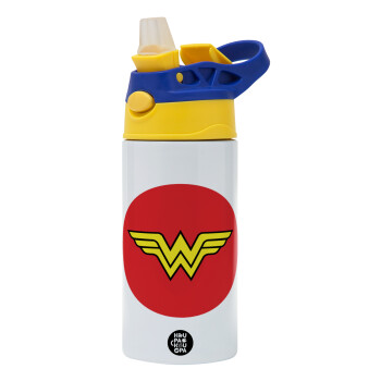 Wonder woman, Children's hot water bottle, stainless steel, with safety straw, green, blue (360ml) BPA FREE