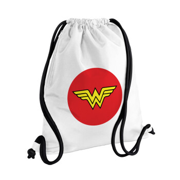 Wonder woman, Τσάντα πλάτης πουγκί GYMBAG λευκή, με τσέπη (40x48cm) & χονδρά κορδόνια