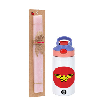 Wonder woman, Easter Set, Children's thermal stainless steel water bottle with safety straw, pink/purple (350ml) & Easter scented flat candle (30cm) (PINK)