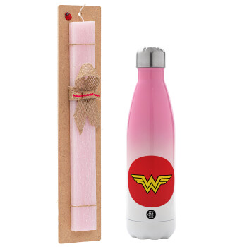 Wonder woman, Easter Set, Metallic pink/white (Stainless steel) thermos, double-walled, 500ml & aromatic flat Easter candle (30cm) (PINK)