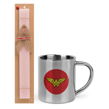 Wonder woman, Easter Set, metallic thermal cup (300ml) & aromatic flat Easter candle (30cm) (PINK)