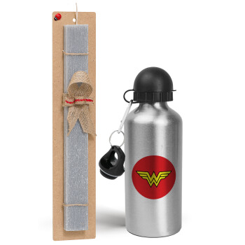 Wonder woman, Easter Set, metallic silver aluminum water bottle (500ml) & aromatic flat Easter candle (30cm) (GRAY)