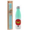 Easter Set, Metallic green/white thermos (Stainless steel), double-walled, 500ml & scented flat Easter candle (30cm) (TURQUOISE)