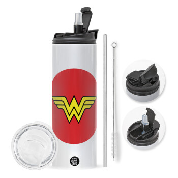 Wonder woman, Travel Tumbler θερμό με διπλό καπάκι, μεταλλικό καλαμάκι και βούρτσα καθαρισμού (Ανωξείδωτο 304 Food grade, BPA free, 600ml)