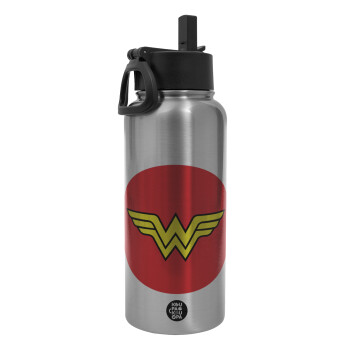 Wonder woman, Metal mug thermo Silver with Straw and Spout Lid (Stainless steel), double wall, 950ml