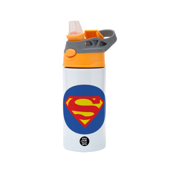 Superman, Children's hot water bottle, stainless steel, with safety straw, Orange/Grey (360ml) BPA-FREE